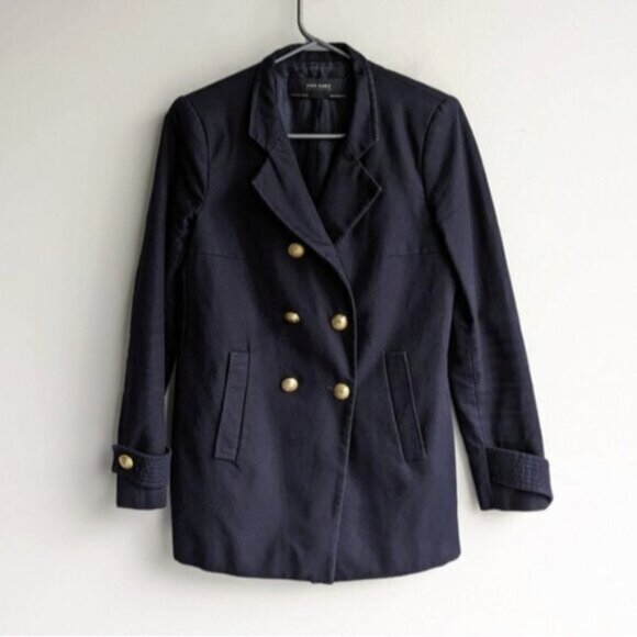 Zara 100% cotton double breasted pea coat - navy blue - Picture 1 of 7